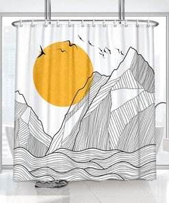 Sun and Mountain Boho Shower Curtain - Modern Abstract Bathroom Decor with Waterproof Fabric and Hooks (Yellow)