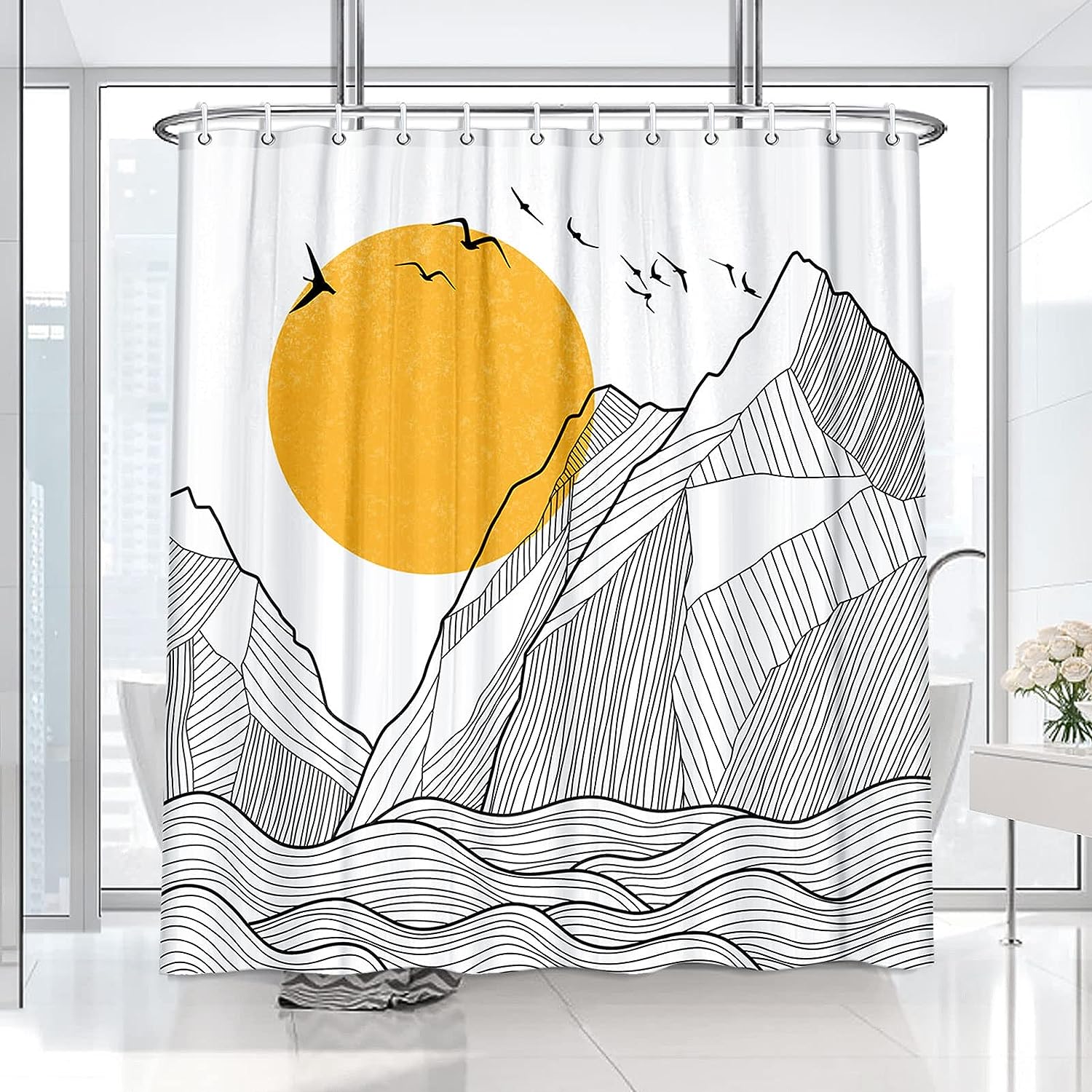 Sun and Mountain Boho Shower Curtain - Modern Abstract Bathroom Decor with Waterproof Fabric and Hooks (Yellow)