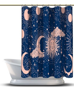Sun-Moon Shower Curtain on Blue Background - Astrology Bathroom Decor