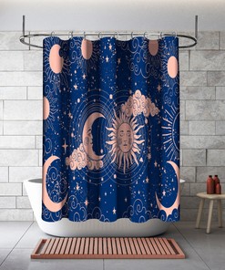 Sun-Moon Shower Curtain on Blue Background - Astrology Bathroom Decor