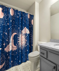 Sun-Moon Shower Curtain on Blue Background - Astrology Bathroom Decor