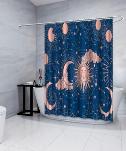 Sun-Moon Shower Curtain on Blue Background - Astrology Bathroom Decor