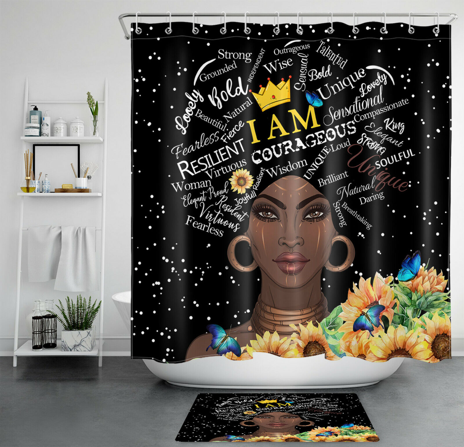Sunflower Black Shower Curtain Featuring African American Woman for Bathroom Decor