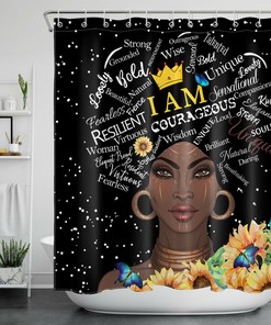 Sunflower Black Shower Curtain Featuring African American Woman for Bathroom Decor
