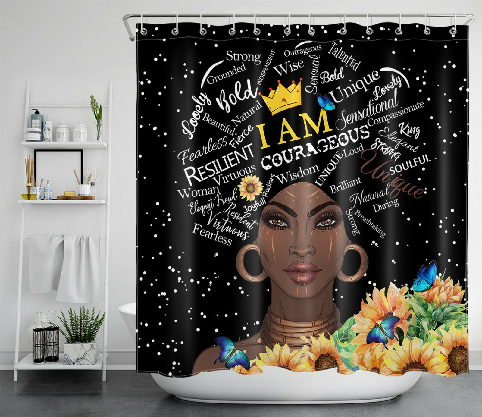 Sunflower Black Shower Curtain Featuring African American Woman for Bathroom Decor