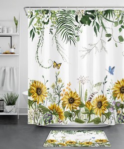Sunflower Botanical Floral Butterfly Shower Curtain for Cheerful Bathroom Decor