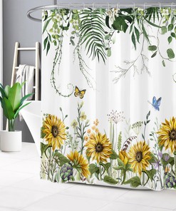 Sunflower Botanical Floral Butterfly Shower Curtain for Cheerful Bathroom Decor