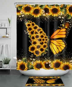 Sunflower Butterfly Art Printed Shower Curtain for Rustic Bathroom Decor
