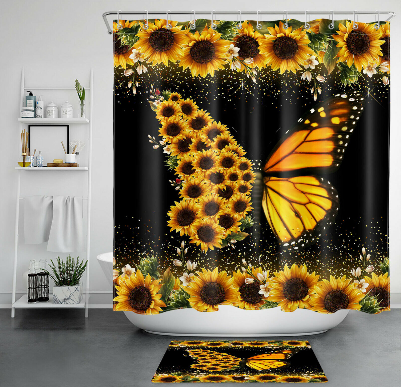 Sunflower Butterfly Art Printed Shower Curtain for Rustic Bathroom Decor