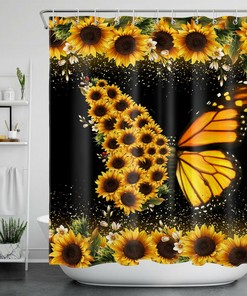 Sunflower Butterfly Art Printed Shower Curtain for Rustic Bathroom Decor