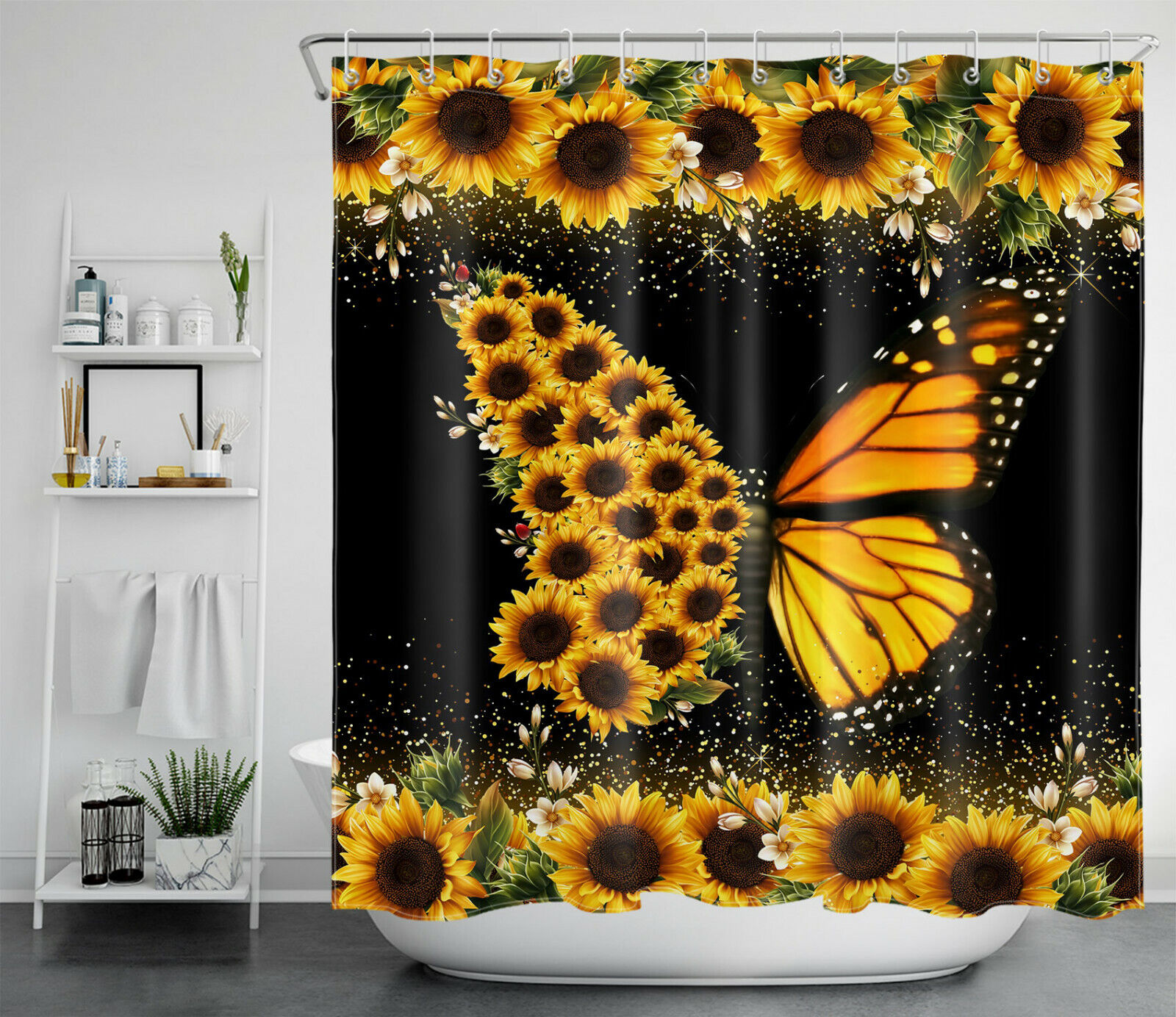 Sunflower Butterfly Art Printed Shower Curtain for Rustic Bathroom Decor