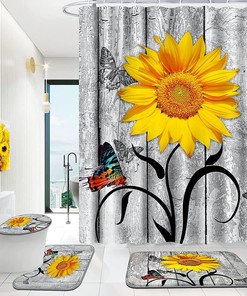 Sunflower Butterfly Fabric Shower Curtain with Hooks for Bathroom - Bathroom Accessories
