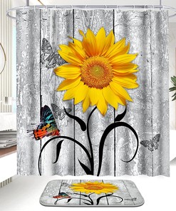 Sunflower Butterfly Fabric Shower Curtain with Hooks for Bathroom - Bathroom Accessories