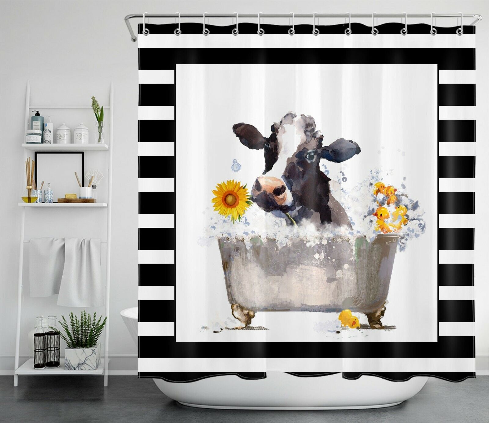 Sunflower Cow Farmhouse Shower Curtain for Rustic Bathroom Decor Bluefink