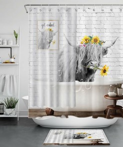Sunflower Highland Cow Shower Curtain with Funny Print | Bathroom Decor