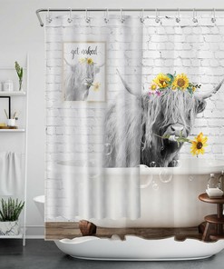 Sunflower Highland Cow Shower Curtain with Funny Print | Bathroom Decor