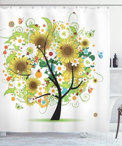 Sunflower Joy Shower Curtain, Floral Tree with Colorful Butterflies and Ladybugs, Home Decor