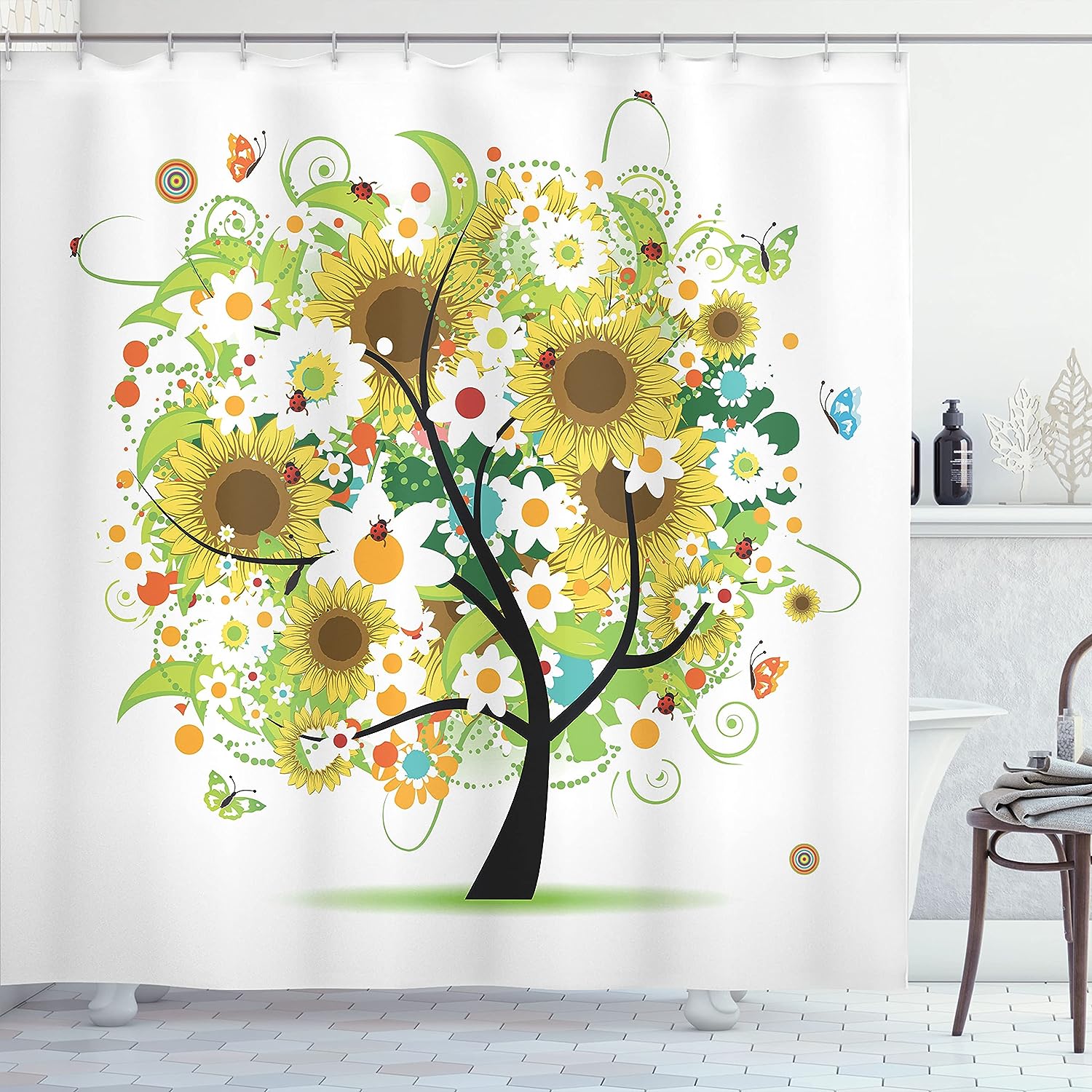 Sunflower Joy Shower Curtain, Floral Tree with Colorful Butterflies and Ladybugs, Home Decor