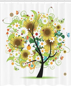 Sunflower Joy Shower Curtain, Floral Tree with Colorful Butterflies and Ladybugs, Home Decor