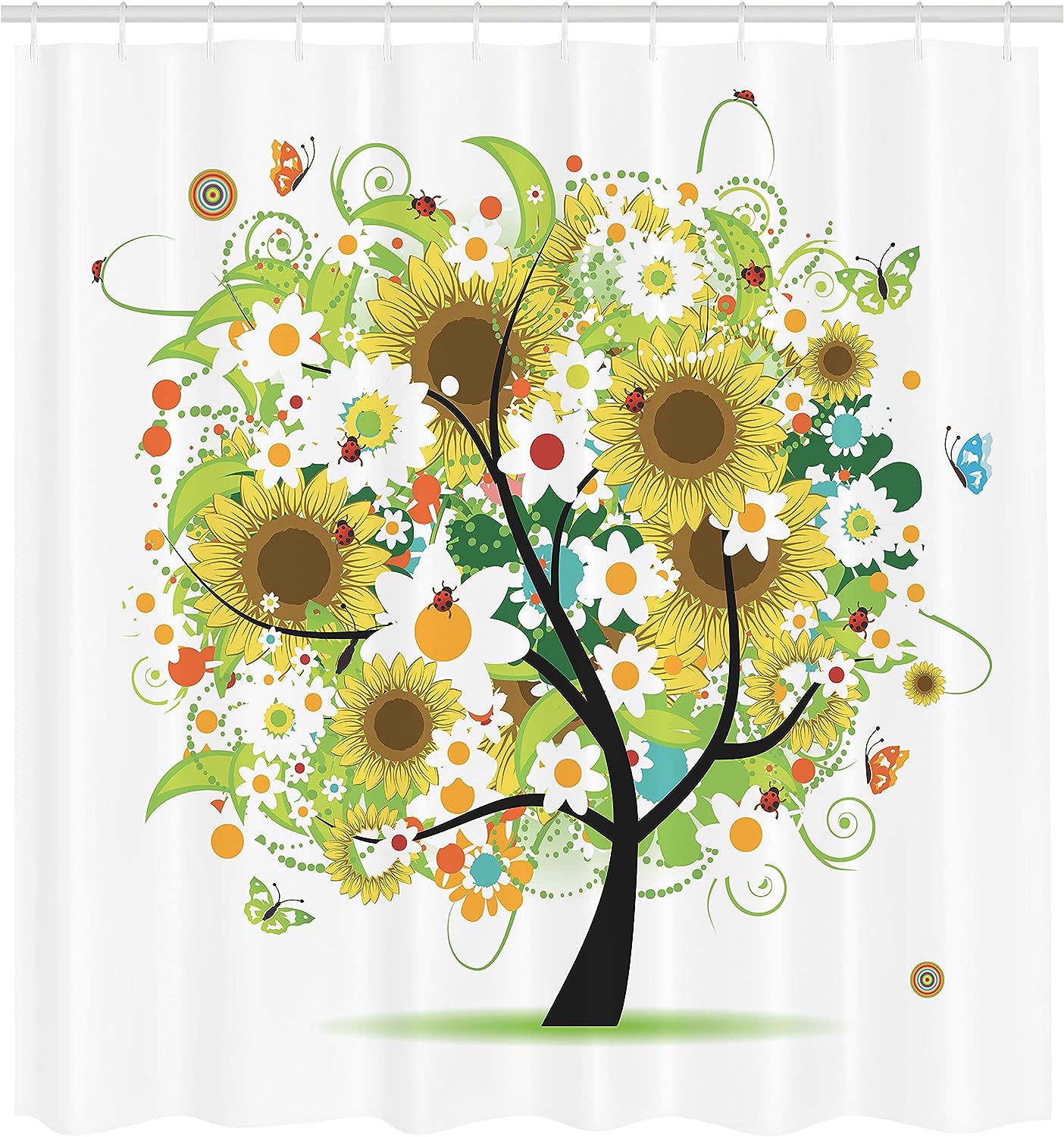 Sunflower Joy Shower Curtain, Floral Tree with Colorful Butterflies and Ladybugs, Home Decor