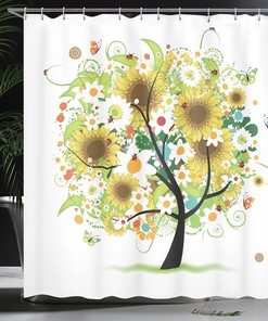 Sunflower Joy Shower Curtain, Floral Tree with Colorful Butterflies and Ladybugs, Home Decor