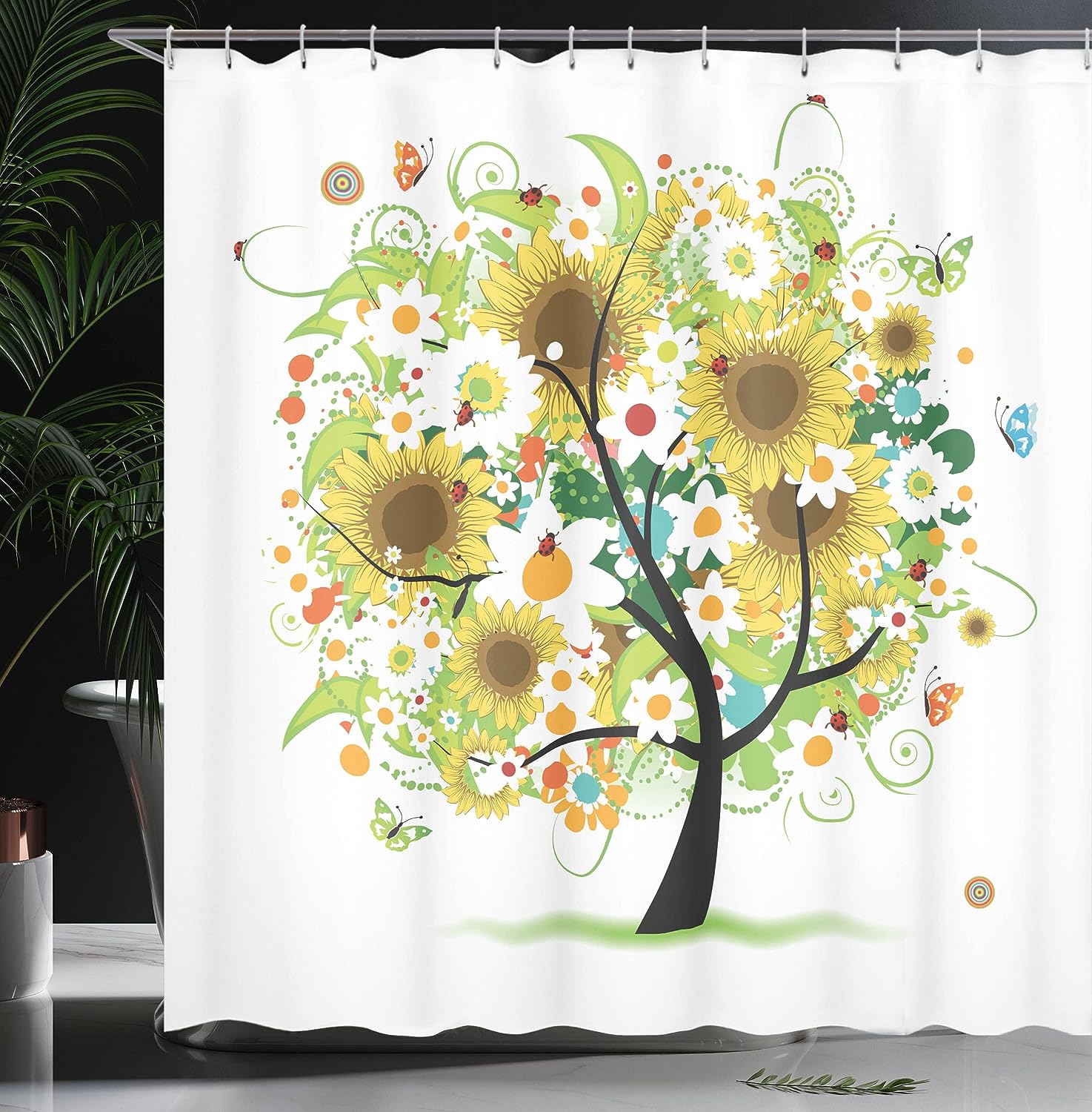 Sunflower Joy Shower Curtain, Floral Tree with Colorful Butterflies and Ladybugs, Home Decor
