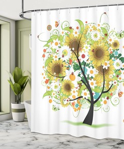 Sunflower Joy Shower Curtain, Floral Tree with Colorful Butterflies and Ladybugs, Home Decor