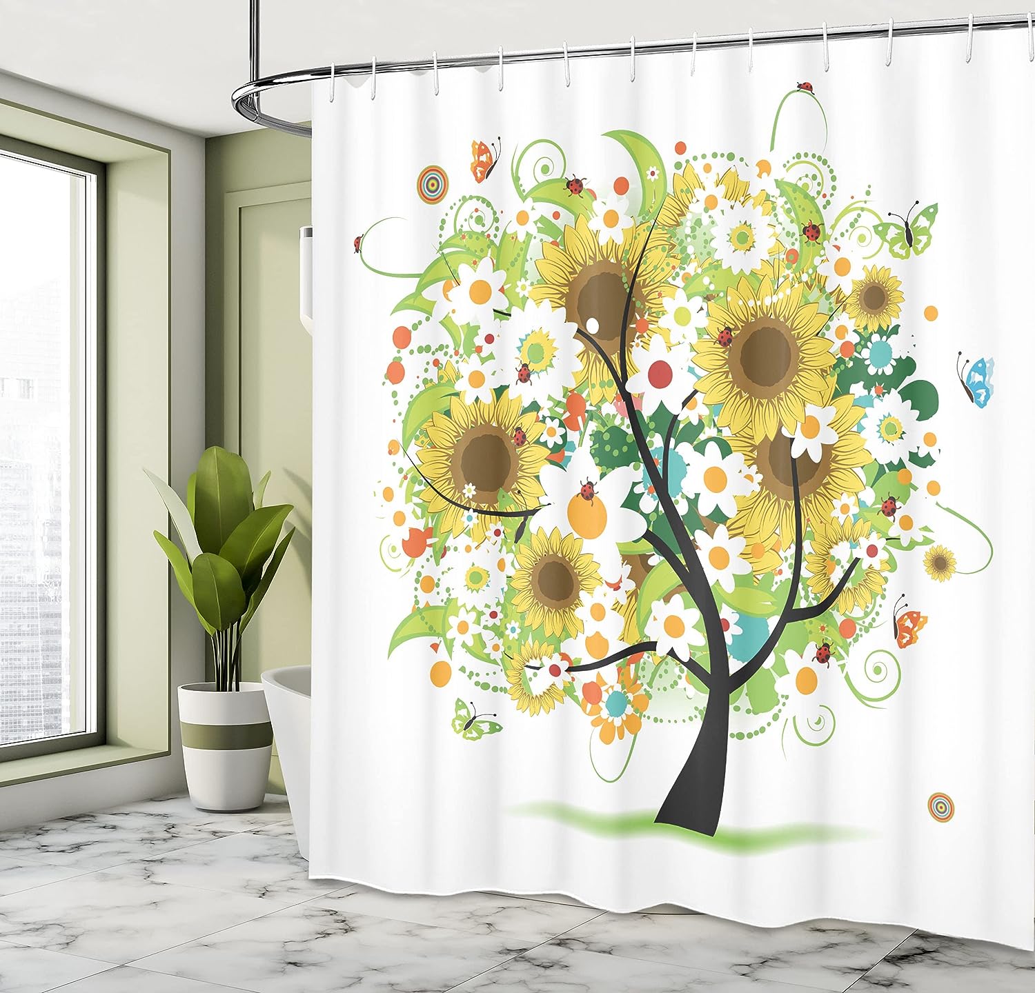 Sunflower Joy Shower Curtain, Floral Tree with Colorful Butterflies and Ladybugs, Home Decor