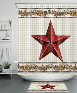 Sunflower Retro Plaid Shower Curtain Texas Star Bathroom Decor