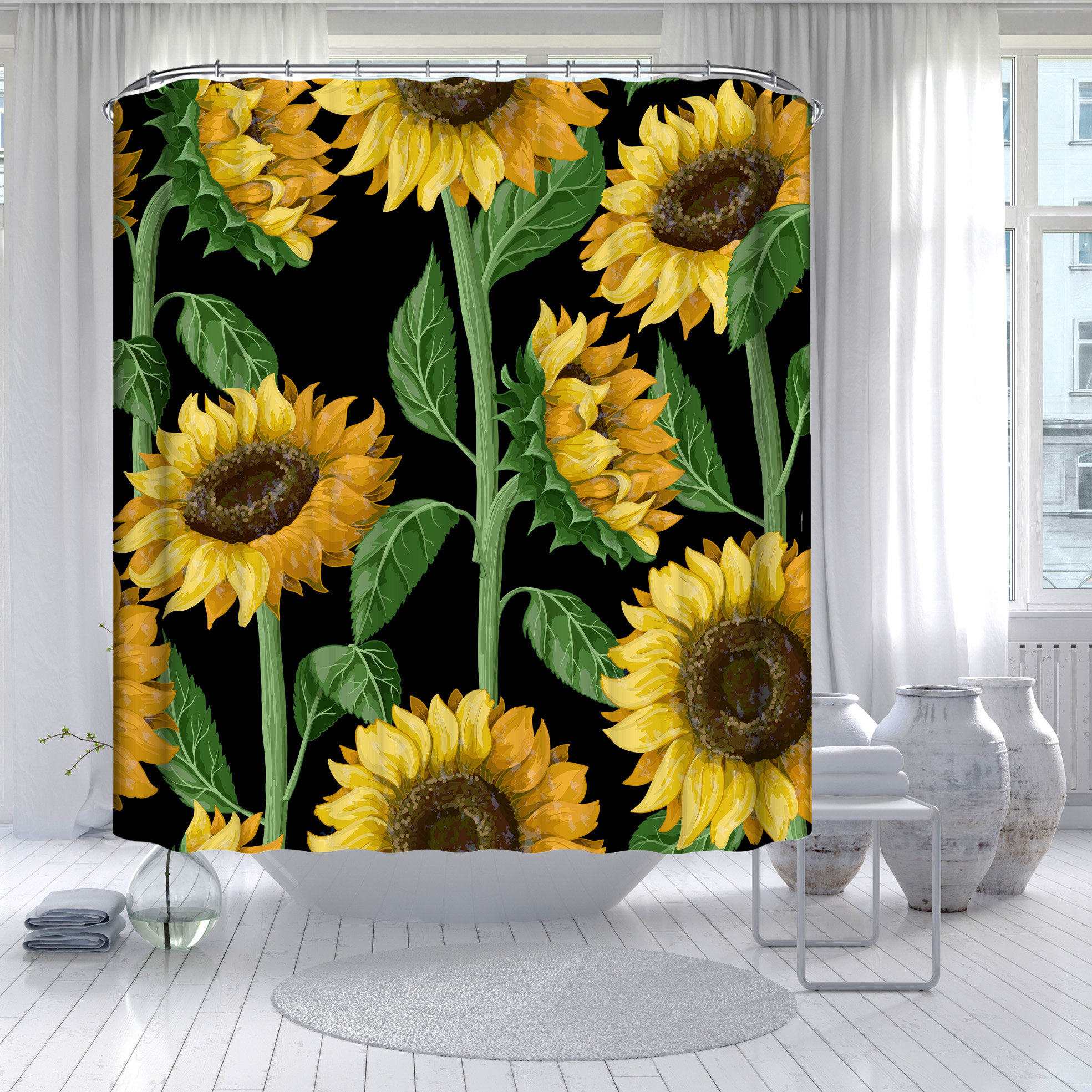 Sunflower and Floral Shower Curtain for Bathroom - Waterproof