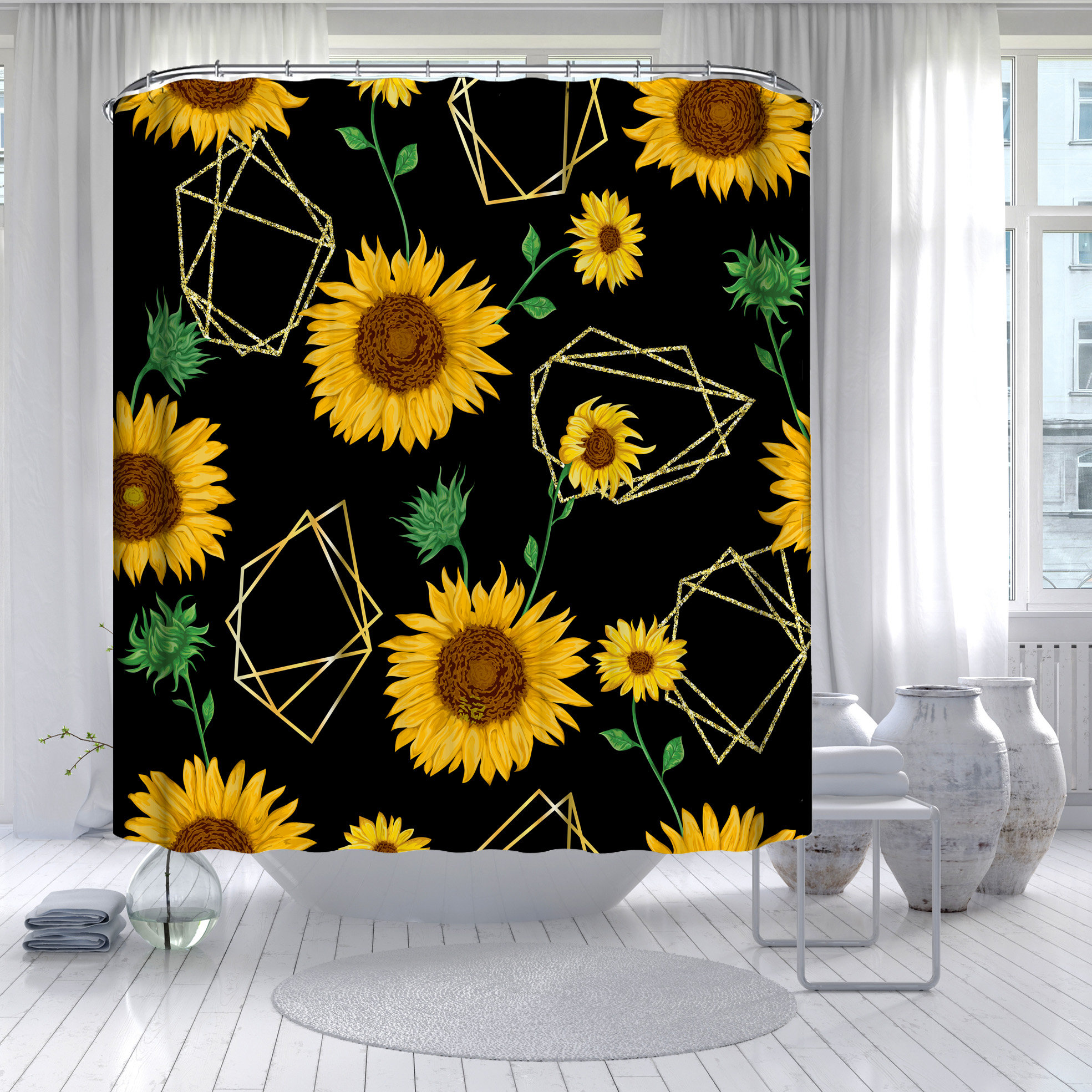 Sunflower and Floral Shower Curtain for Bathroom - Waterproof