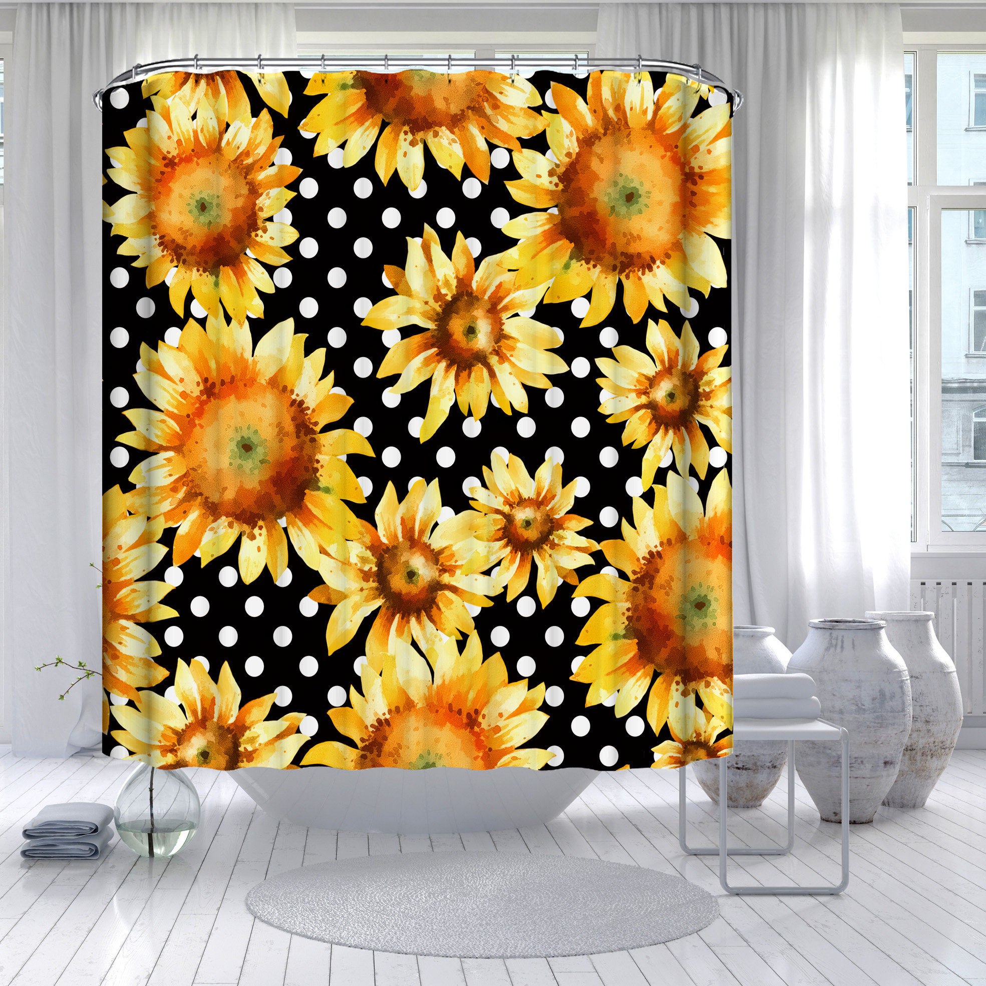 Sunflower and Floral Shower Curtain for Bathroom - Waterproof