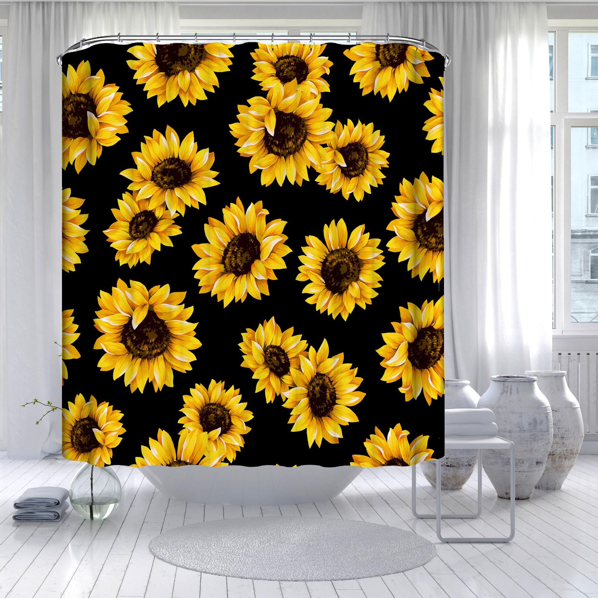 Sunflower and Floral Shower Curtain for Bathroom - Waterproof