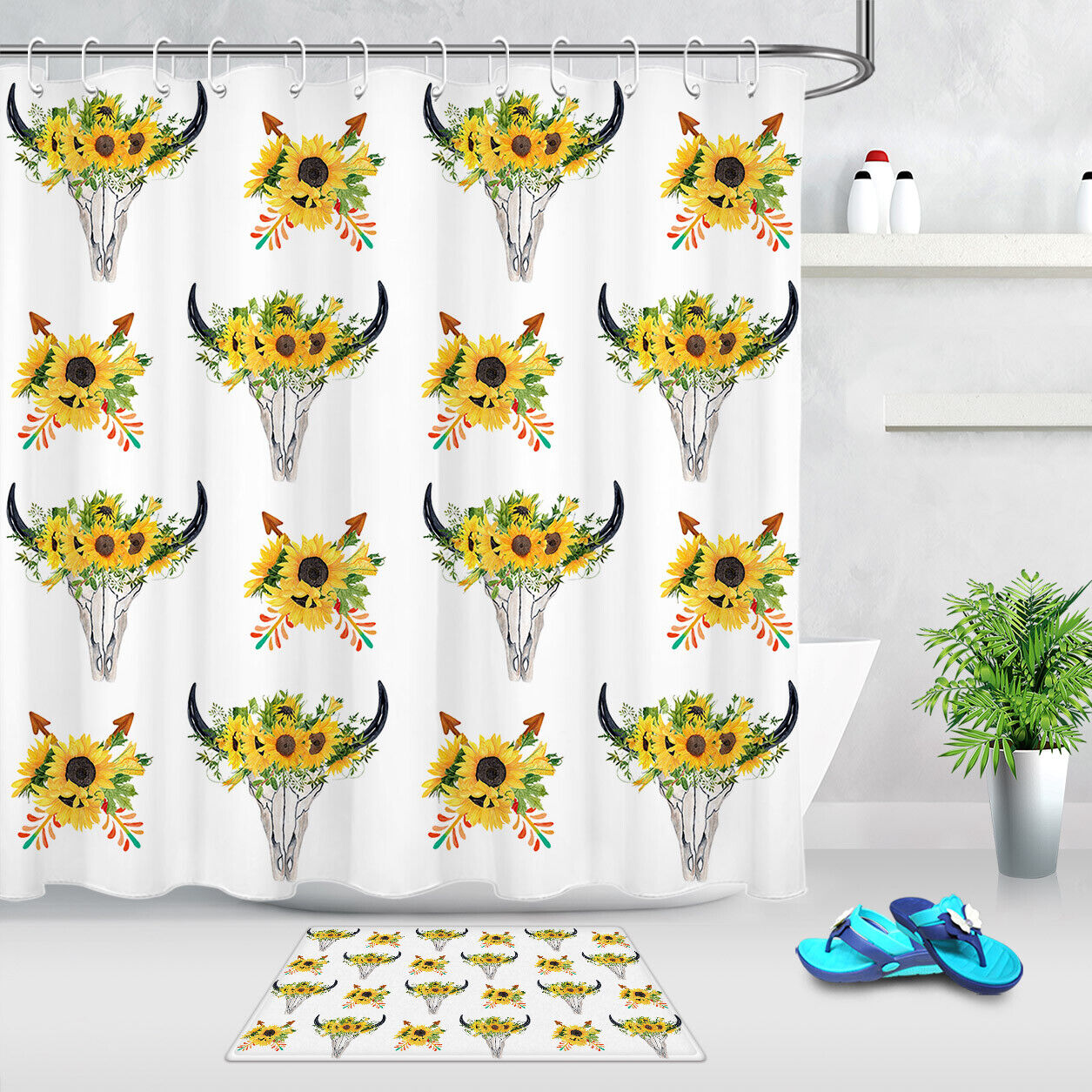 Sunflowers Deer Arrows Waterproof Shower Curtain - Abstract Design with Bathroom Decor