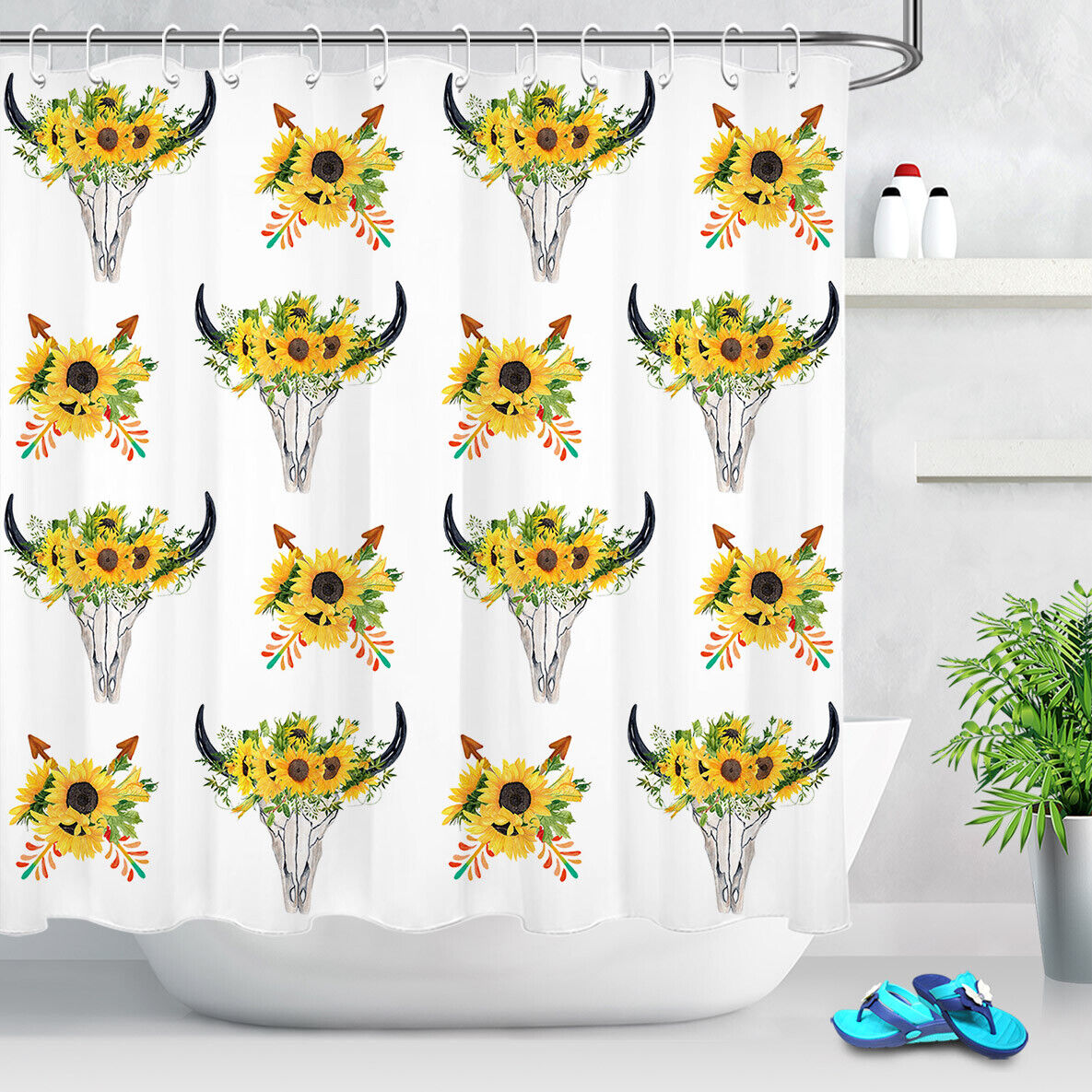 Sunflowers Deer Arrows Waterproof Shower Curtain - Abstract Design with Bathroom Decor
