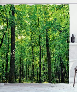 Sunny Day Tree Forest Jungle Nature Shower Curtain Green Brown Bathroom Decor