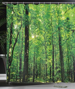 Sunny Day Tree Forest Jungle Nature Shower Curtain Green Brown Bathroom Decor