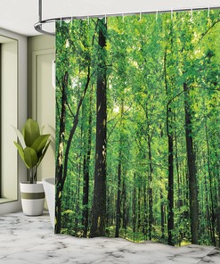 Sunny Day Tree Forest Jungle Nature Shower Curtain Green Brown Bathroom Decor