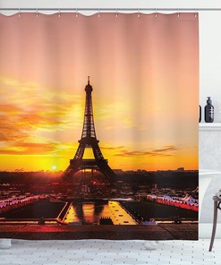 Sunrise Eiffel Tower Monument Cloth Fabric Shower Curtain, Historical Paris Panoramic View, Bathroom Decor