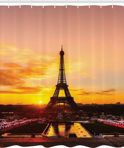 Sunrise Eiffel Tower Monument Cloth Fabric Shower Curtain, Historical Paris Panoramic View, Bathroom Decor