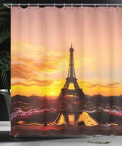 Sunrise Eiffel Tower Monument Cloth Fabric Shower Curtain, Historical Paris Panoramic View, Bathroom Decor