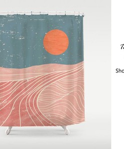 Sunrise Pink Landscape Blue Sky Fabric Shower Curtain - Bathroom Decor