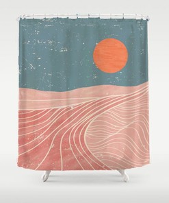 Sunrise Pink Landscape Blue Sky Fabric Shower Curtain - Bathroom Decor