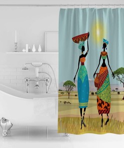 Sunset Grassland Giraffe Elephants Shower Curtain - Elegant Fabric for Bathrooms