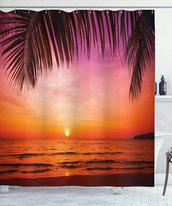 Sunset Over Sea Shower Curtain, Exotic Scenery from Coconut Palm Tree Leaf Heaven, Tropical Bathroom Decor