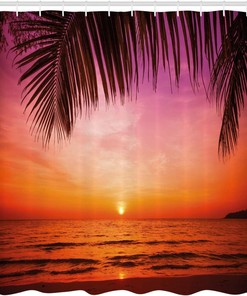 Sunset Over Sea Shower Curtain, Exotic Scenery from Coconut Palm Tree Leaf Heaven, Tropical Bathroom Decor