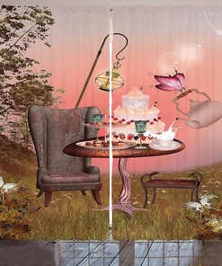 Surreal Alice in Wonderland Curtains, Birthday Cake and Butterfly Cartoon Art, Living Room Decor