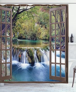 Surreal Forest Waterfall Shower Curtain, Deep Waterfall Viewed From City Window, Cloth Bathroom Decor, Forest Green 