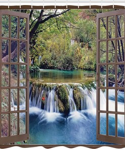 Surreal Forest Waterfall Shower Curtain, Deep Waterfall Viewed From City Window, Cloth Bathroom Decor, Forest Green