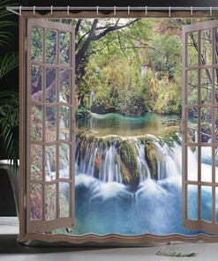 Surreal Forest Waterfall Shower Curtain, Deep Waterfall Viewed From City Window, Cloth Bathroom Decor, Forest Green 
